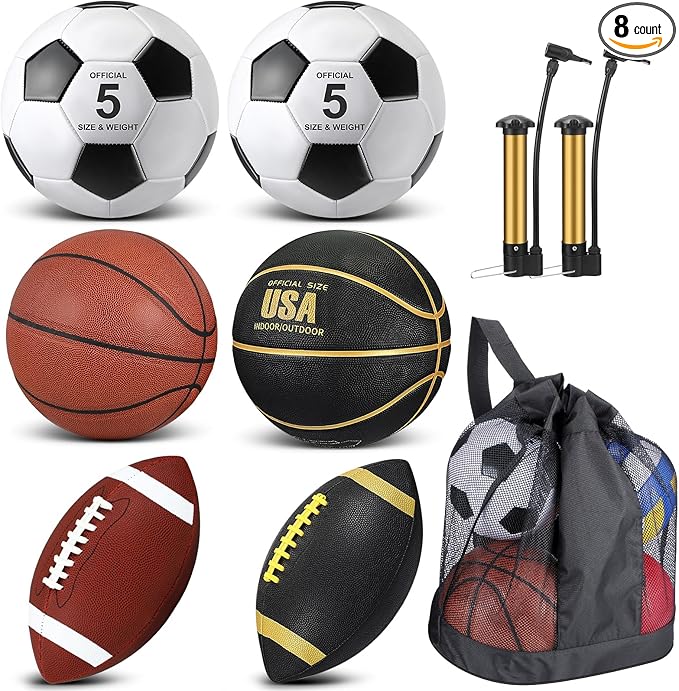 Sratte 6 Pcs Sports Balls Set for Kids Teens Adults Official Size Football Soccer Basketball with Pump Sports Equipment Bag for Youth Training Practice Gift Back to School