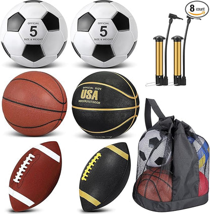 Sratte 6 Pcs Sports Balls Set for Kids Teens Adults Official Size Football Soccer Basketball with Pump Sports Equipment Bag for Youth Training Practice Gift Back to School
