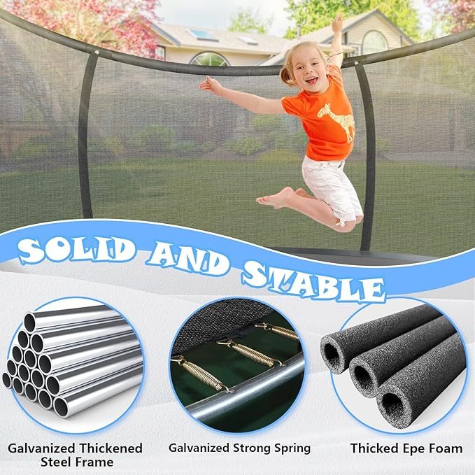 Trampoline 12FT 14FT 15FT 16FT for Kids/Adults - Outdoor Recreational with Enclosure Net Curved Poles and Ladder, Heavy Duty Anti-Rust Coating, ASTM Approval
