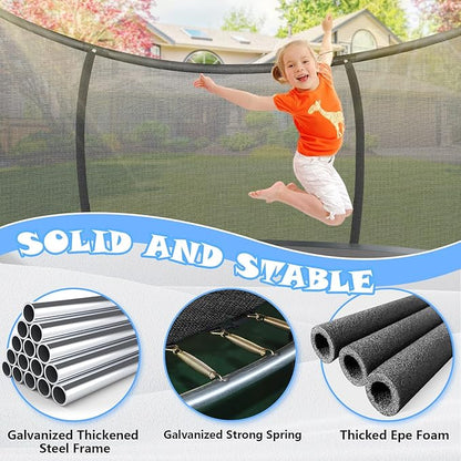 Trampoline 12FT 14FT 15FT 16FT for Kids/Adults - Outdoor Recreational with Enclosure Net Curved Poles and Ladder, Heavy Duty Anti-Rust Coating, ASTM Approval