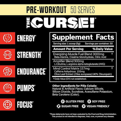 JNX SPORTS The Curse! Pre Workout Powder for Men & Women, Caffeine, Beta-Alanine, Creatine, L-Citrulline, 50 Servings, Pina Colada Flavor ??Boost Energy, Strength & Focus