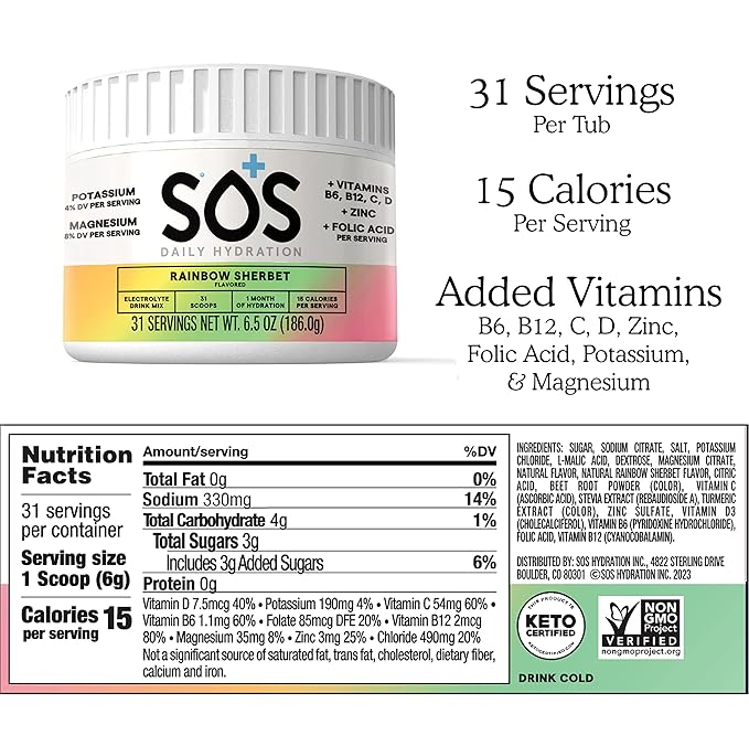 SOS Hydration Electrolyte Drink Mix (31 Servings) – Low Sugar, 15 Calorie, Keto-Friendly & Rapid Rehydration (31 Servings, Rainbow Sherbert)