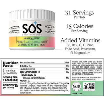 SOS Hydration Electrolyte Drink Mix (31 Servings) – Low Sugar, 15 Calorie, Keto-Friendly & Rapid Rehydration (31 Servings, Rainbow Sherbert)