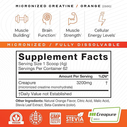 Muscle Feast Creapure - Micronized Creatine Monohydrate Powder | Premium Pre-Workout or Post-Workout | Flavored Creatine for Women & Men | Easy to Mix, Gluten-Free, Safe and Pure, (Orange, 250g)