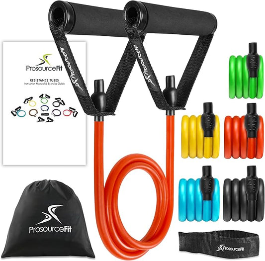 ProsourceFit Single Stackable Resistance Bands with Door Anchor and Exercise Guide, 5-8 LB, Heavy Duty Fitness Tube for Full-Body Exercises and Home Workouts, Green