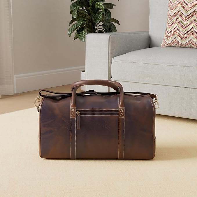 KomalC 24 Inch Leather Duffel Bags for Men and Women Travel Overnight Weekend Leather Bags Sports Gym Duffle for Men (Brown Distressed Tan)