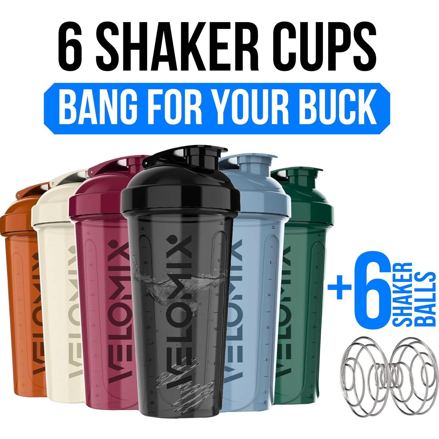 VELOMIX 6 Pack 28oz Protein Shaker Bottle for Protein Mixes, Earth Tones