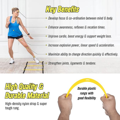 20ft Sports Agility Ladder for Men Women and Kids, Speed Youth Soccer Agility Training Equipment for Football, Exercise, Tennis, Legs Workout with Speed Parachute, Cones and Carry Bag