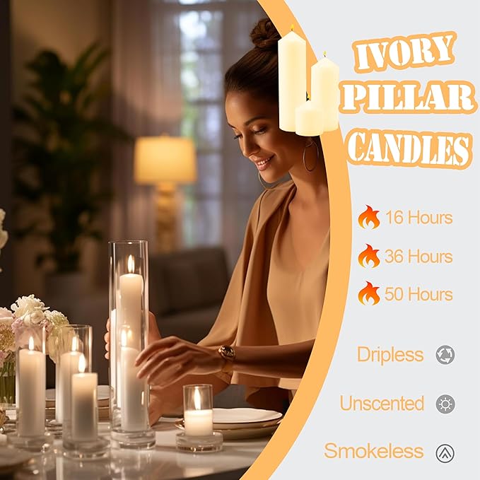 18 Pcs Ivory Pillar Candles Bulk Set，Hurricane Candlesï¼? Different Lengths (6 Each)，Dripless Unscented Smokeless，Gives You a Better Atmosphere When Organizing Wedding or Event Party.