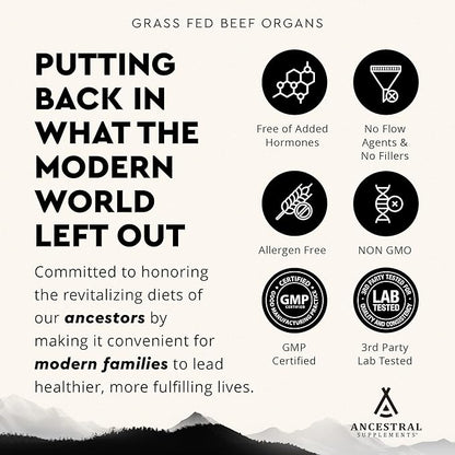 Ancestral Supplements Grass Fed Beef Organ Supplement, Supports Whole Body Wellness with Proprietary Blend of Liver, Heart, Kidney, Pancreas, Spleen, Freeze-Dried Beef, Non-GMO, 180 Capsules
