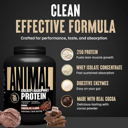 Animal Whey Isolate Protein Powder - Loaded for Pre & Post Workout Muscle Builder and Recovery with Digestive Enzymes for Men & Women - 25g Protein, Great Taste, Low Sugar - Chocolate 4 lbs