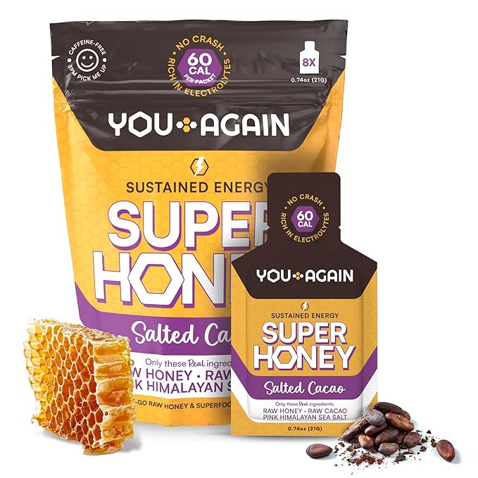 You Again Super Honey Clean Energy Gel, Himalayan Salted Cacao | Electrolyte Replenishment Running Fuel | Endurance Workouts & Cycling Gel | Paleo & Carnivore Snack | Gluten-Free | USA Made | 8-Pack