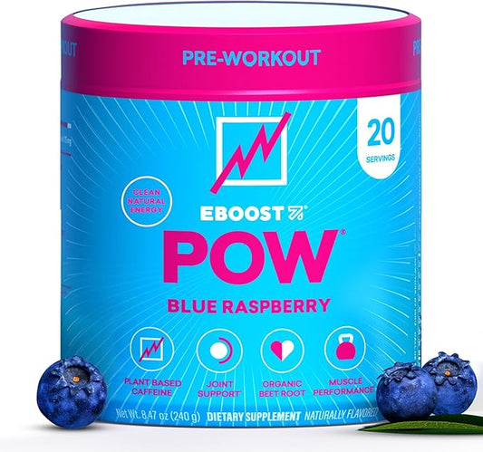 EBOOST POW Natural Pre Workout Powder ??20 Servings - Blue Raspberry - A PreWorkout Supplement for