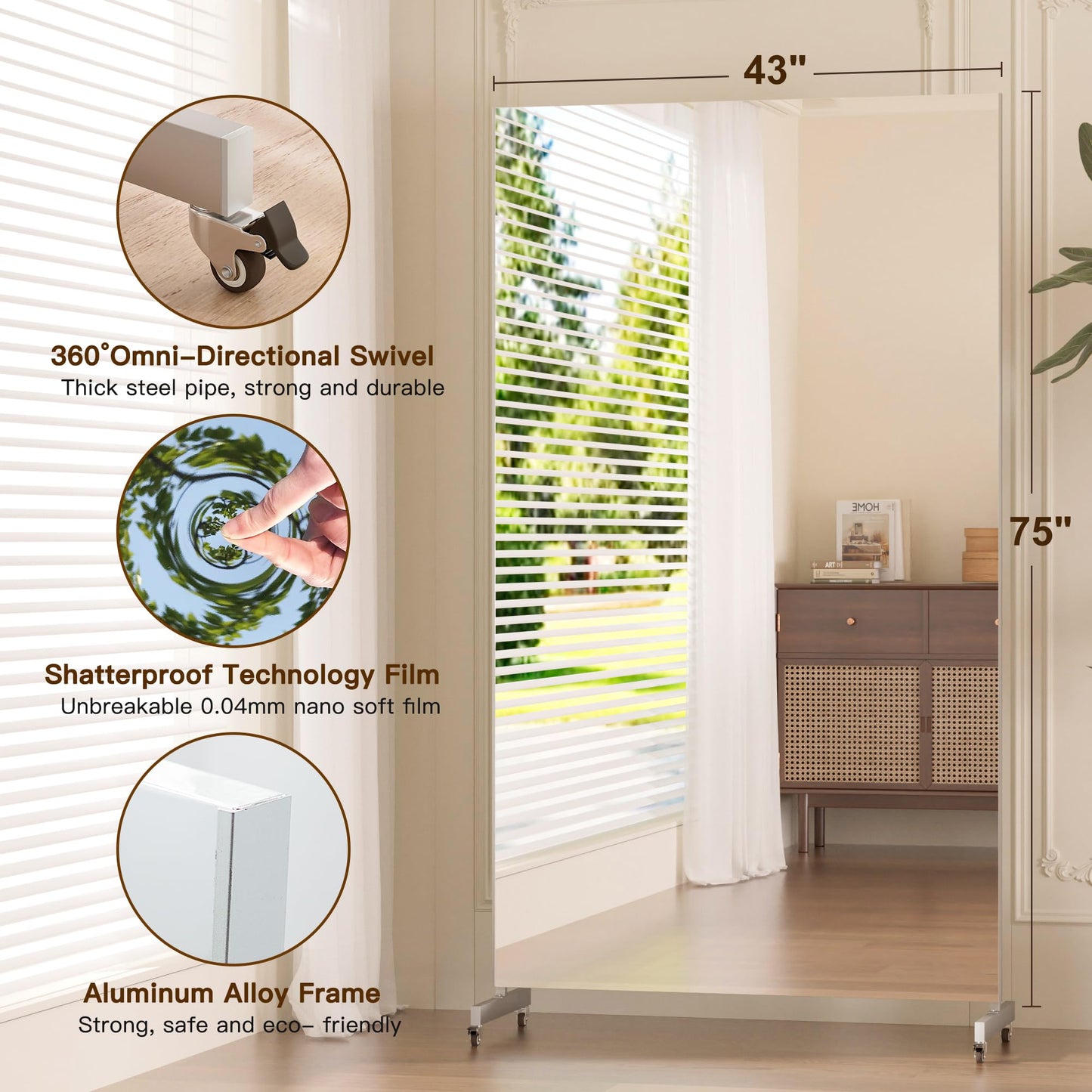 brisafe Rolling Full‑Length Gym Mirror with Wheels, 75" x 43"Oversized Shatterproof Nano Material