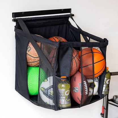 StoreYourBoard Basketball Wall Mount, Sports Ball Rack, 20x18x22 Ball Storage for 50 lbs of Basketballs, Soccer Balls, Volleyballs, Footballs, Openings for Easy Access, Garage Organization
