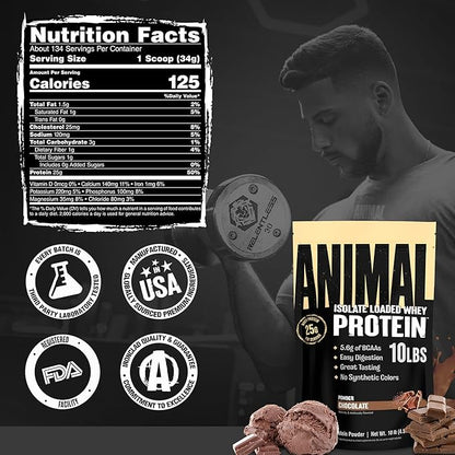 Animal Whey Isolate Protein Powder - Loaded for Pre & Post Workout Muscle Builder and Recovery with Digestive Enzymes for Men & Women - 25g Protein, Great Taste, Low Sugar - Chocolate 10 lbs