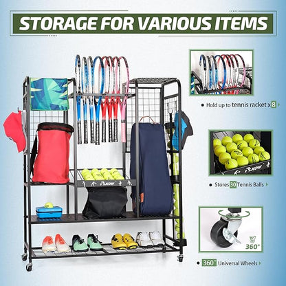 PLKOW Tennis Bag Organizer Tennis Racket Storage Rack, Tennis Equipment Holder for Bags, Balls, Racquet & Accessories, Versatile Gear Organizer for Garage, Club, or School