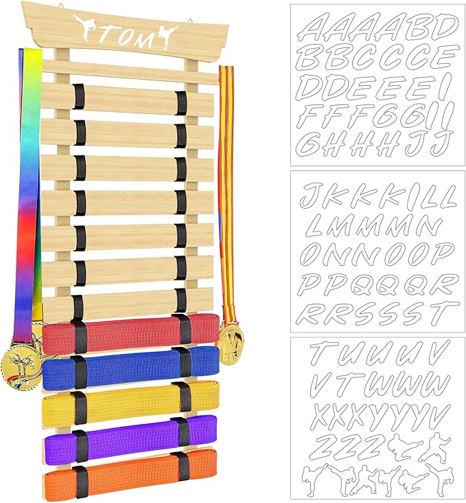 12 Belts Karate Belt Display Rack with Stickers, Martial Arts Belt Display Holder, Taekwondo Belt Display, Jiu Jitsu BJJ Belt Display Hanging Holder for Kids and Adults Gifts