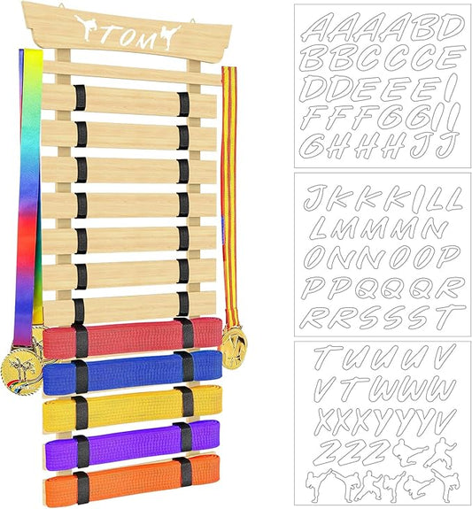 12 Belts Karate Belt Display Rack with Stickers, Martial Arts Belt Display Holder, Taekwondo Belt Display, Jiu Jitsu BJJ Belt Display Hanging Holder for Kids and Adults Gifts