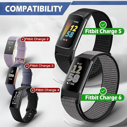 Sport Loop Nylon Watch Bands Compatible with Fitbit Charge 6/5, Adjustable Breathable Replacement Soft Nylon Loop Wristband for Women/Men
