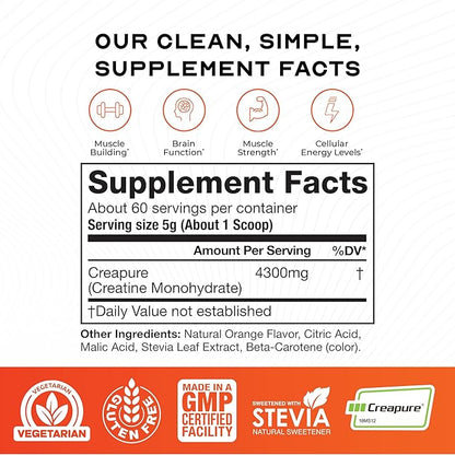 Muscle Feast Creapure Creatine Monohydrate Powder, Vegan Keto Friendly Gluten-Free Easy to Mix, Muscle Recovery Supplement, Trusted Creatine for Muscle Growth, Flavored Creatine, Natural Orange, 300g