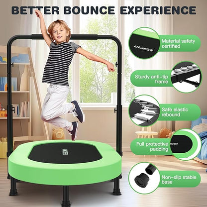 ANCHEER 56'' Foldable Mini Trampoline with Adjustable Handle - Indoor/Outdoor Rebounder for Kids & Toddlers Safe Oval Fitness Trampoline with Bar for Home Fun