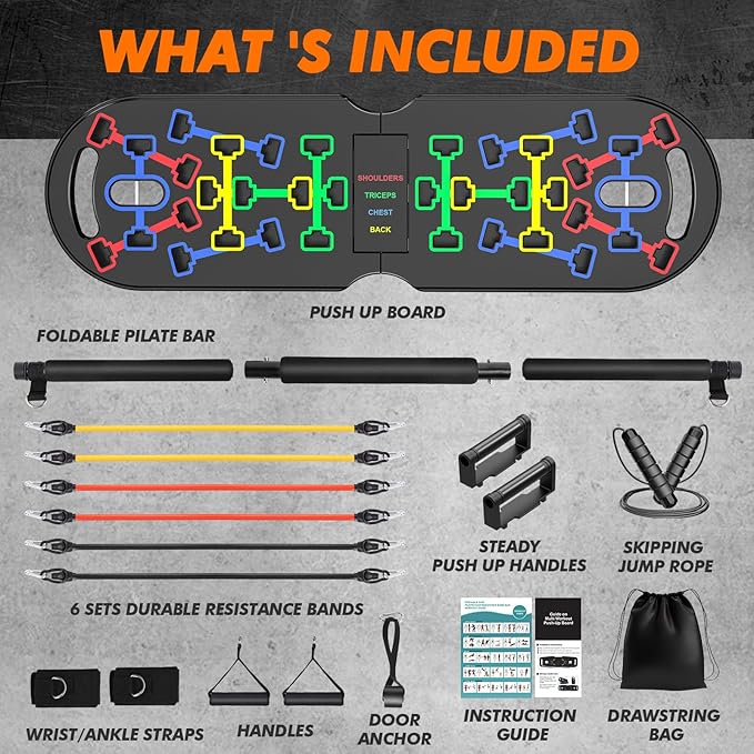 Portable Home Gym Workout Equipment, Push Up Board, Pilates Bar & Fitness Accessories with Resistance Bands for Upper Body Strength Training Full Body Workout at Home