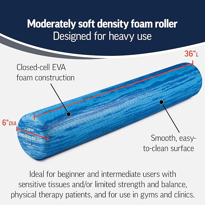OPTP PRO-Roller Soft Density Foam Roller ??Low Density Soft Foam Roller for Physical Therapy, Pilates, Yoga Foam Roll Exercises, and Muscle Recovery- Blue 36" x 6"