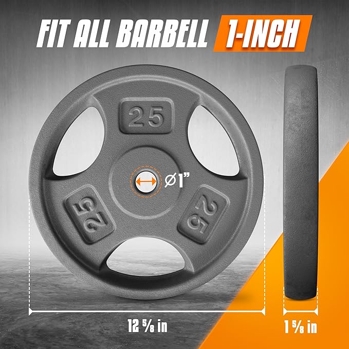 Yes4All Standard 1-Inch Grip Weight Plates, Cast Iron with Multiple Sizes from 2.5 lb to 35 lb for Strength Training, Weightlifting & Muscle Toning