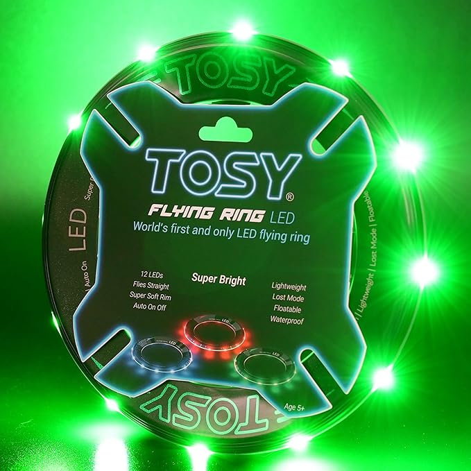 TOSY Flying Ring - 12 LEDs, Super Bright, Lost Mode, Auto Light Up, Camping Essentials for Kids/Teens/Boy/Girl, Safe & Soft, Waterproof, Pool/Beach Games, Lightweight Toy (Green)