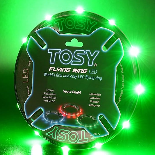 TOSY Flying Ring - 12 LEDs, Super Bright, Lost Mode, Auto Light Up, Camping Essentials for Kids/Teens/Boy/Girl, Safe & Soft, Waterproof, Pool/Beach Games, Lightweight Toy (Green)