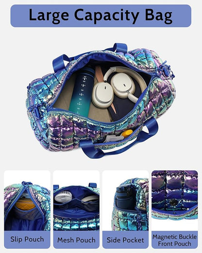 Quilted Duffel Bag for Women, Puffer Gym Duffle Bag with Shoe Compartment Lightweight Large Crossbody Sport Travel Bag Tote Nebula