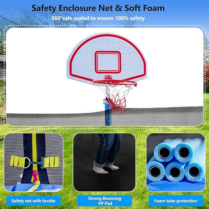 Upgraded 16FT 15FT 14FT 12FT 10FT 8FT Trampoline Outdoor with Basketball Hoop and Net, Capacity for 4-6 Kids and Adults