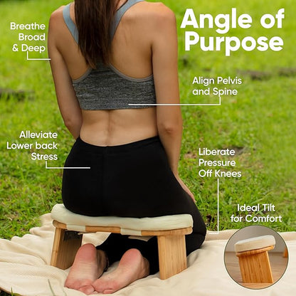 Meditation Chair w/ Extra Thick Cushion - Portable Bamboo Meditation Bench w/ Magnetic Locking Hinge - Anterior Tilt Seiza Bench Ideal for Comfortable & Stable Meditation - Sleek Canvas Kneeling Chair