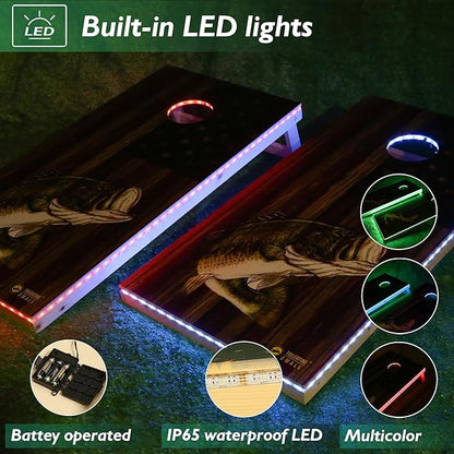 LED Cornhole Board Set 4FTx2FT Solid Wood Regulation Size Cornhole Set with LED Lights Includes 8 Cornhole Bags for Adults (USA Flag & Fish, 4'x2')