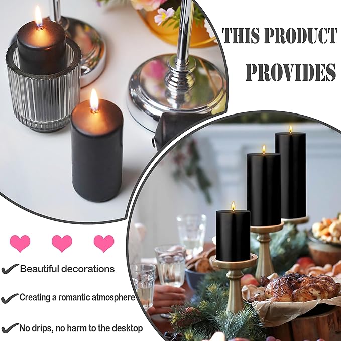 36 Pcs Black Pillar Candles Bulk Set，Hurricane Candlesï¼? Different Lengths (6 Each)，Dripless Unscented Smokeless，Gives You a Better Atmosphere When Organizing Wedding or Event Party.