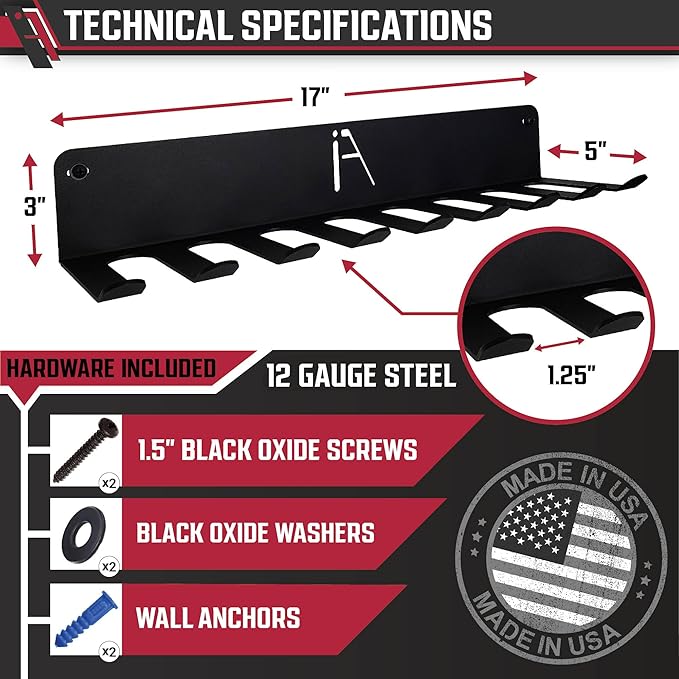 IRON AMERICAN (BEAST + OMEGA) Gym Storage Racks 9 & 11 Hook (2-RACKS) Heavy-Duty Gym Wall Organizer Gym Caddy Hanger - Gym Accessory Storage - Resistance Bands, Jump Ropes, Barbells, Lifting Belts, Cable Attachments