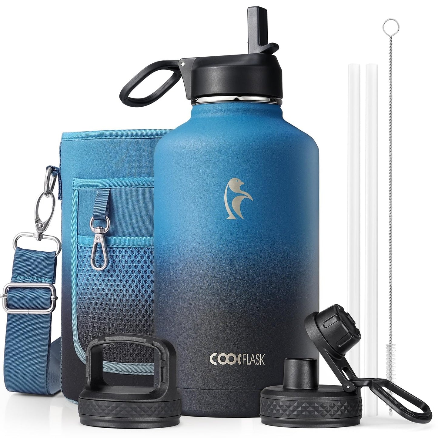 Coolflask Half Gallon Water Bottle Insulated with Straw & 3 Leakproof Lids