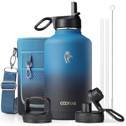 Coolflask Half Gallon Water Bottle Insulated with Straw & 3 Leakproof Lids