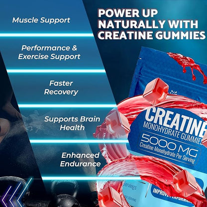 Creatine Gummies 5000mg, 30 Servings Creatine Monohydrate Gummies - Third-Party Tested Creatine for Women, Strawberry Flavor Creatine for Men, Muscle Growth, Strength, and Recovery - Pack of 1