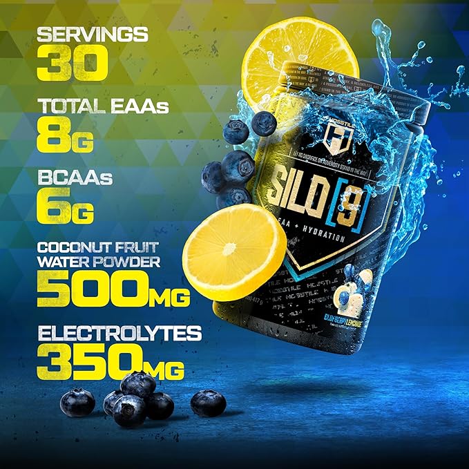 HOSSTILE SILO[9] Essential Amino Acids, EAA & BCAA Powder, Electrolyte Hydration Support, Enhance Muscle Growth & Recovery, Pre or Post Workout Drink, Blueberry Lemonade, 30 Servings