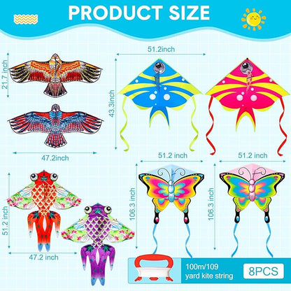 8 Pack Kites for Kids Butterfly Fish Eagle Pattern with 8 Pcs 109 Yard Kite String Large Easy to Fly for Children Adults Spring Outdoor Beach Games