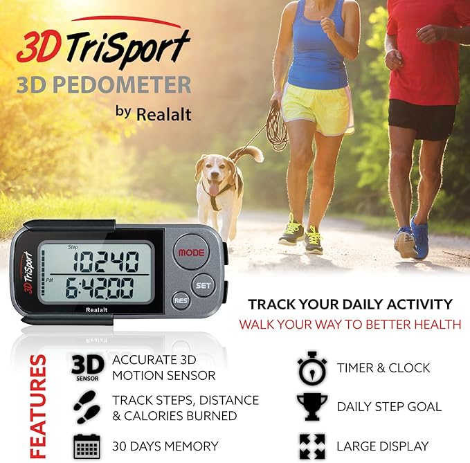 3DTriSport Walking 3D Pedometer with Clip & Strap, eBook Included | 30 Days Memory, Accurate Step Counter, Walking Distance Miles/Km, Calorie Counter, Daily Exercise Time Monitor