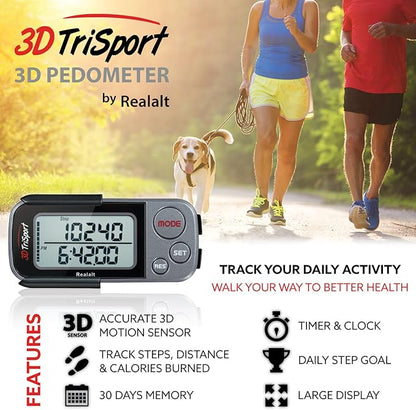 3DTriSport Walking 3D Pedometer with Clip & Strap, eBook Included | 30 Days Memory, Accurate Step Counter, Walking Distance Miles/Km, Calorie Counter, Daily Exercise Time Monitor