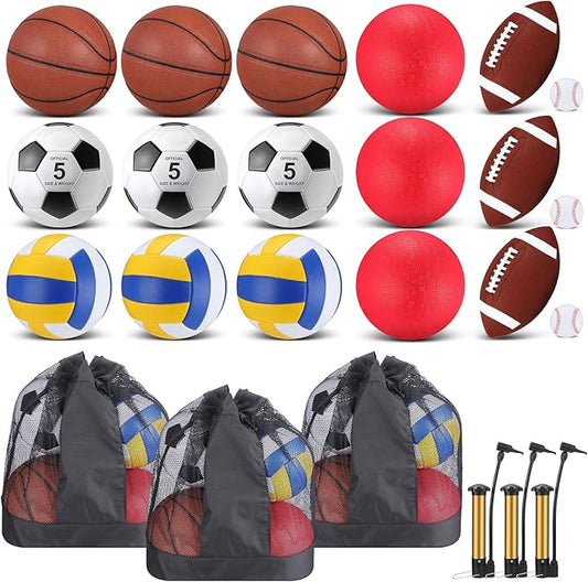 Leyndo 18 Pcs Sport Balls Bulk Set Basketball Football Volleyball Soccer Playground Baseball with