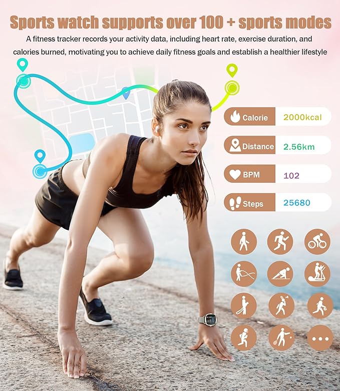 Women's 2pc Band Sports Watch/Smart Watch 1.72" Fitness Tracker with Heart Rate Monitor, 100+ Sports Modes, Sleep Tracking, 7-Day Battery, IP68 Waterproof (Champagne Gold)