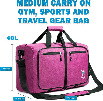 Bago Foldable Duffel Bags for Traveling Women & Men - 40L Sports Packable Duffle Bag for Travel with Shoe Compartment - Water Repellant, Heavy Duty, Lightweight Folding & Collapsible (SnowPink)