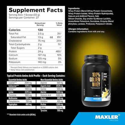 Maxler 100% Golden Whey Protein - 24g of Protein per Serving - Premium Whey Protein Powder for Pre Post Workout - Fast-Absorbing Whey Concentrate Isolate Hydrolysate Blend - French Vanilla Protein 2lb