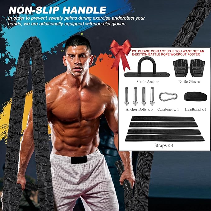 Battle Rope Workout Equipment 1.5 Inch Diameter 30FT Exercise Heavy Weighted Diameter Battle Rope with Protective Cover Exercise Equipment Core Strength Training