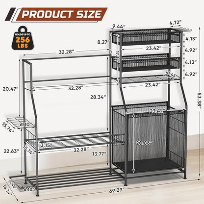 Garage Sports Equipment Organizer,3 Golf Bags Storage Stand,Heavy-Duty Ball Storage Rack with Basket and Hooks,Space-Saving Design for Toy Sports Gear Storage Indoor/Outdoor Use